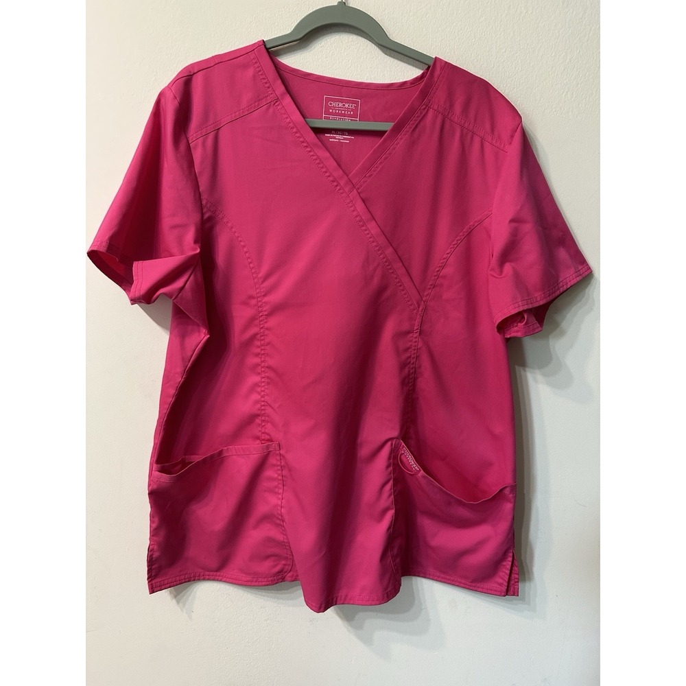 Cherokee Workwear Revolution Mock Wrap Scrub Top Womens XL Hot Pink Stretch